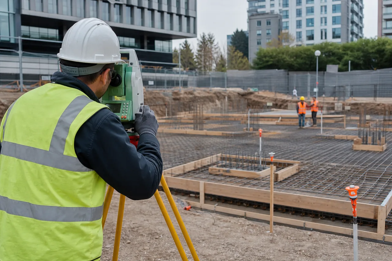 Agrimensor con estación total relevando una obra en construcción con edificios de fondo