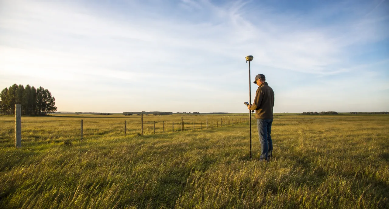 Agrimensor con receptor GPS GNSS en jalón relevando un campo junto a un alambrado