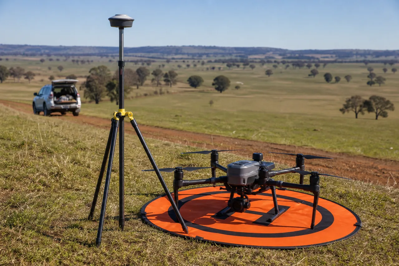 Receptor GPS GNSS en trípode junto a un dron listo para despegar en una zona rural